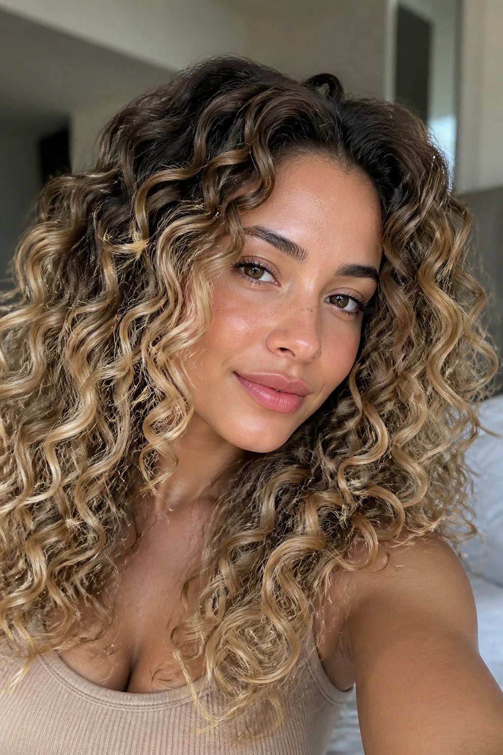 Portrait of a real person with soft ombré blonde curls in warm daylight