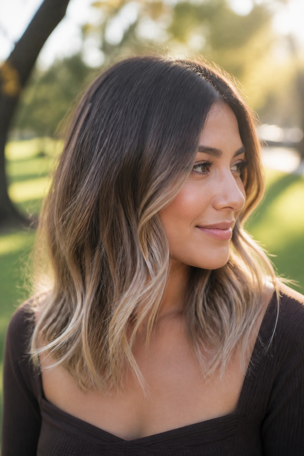 Close-up of a real woman with soft ombré ends on mid-length hair.
