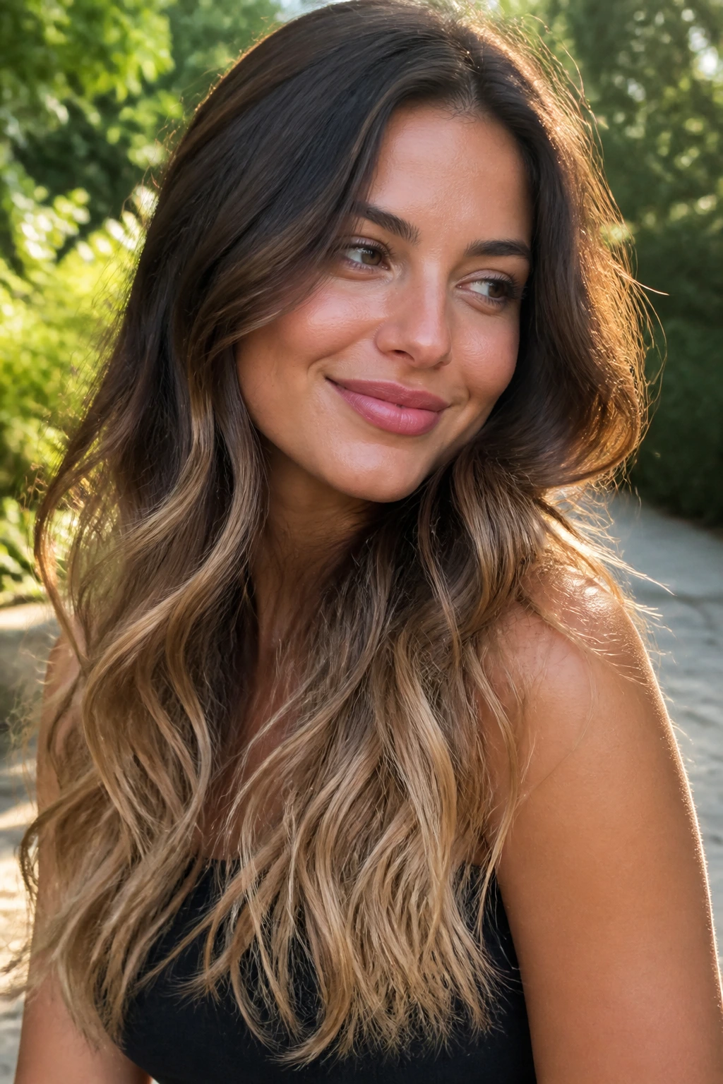 Brunette with soft ombré blonde ends in waves