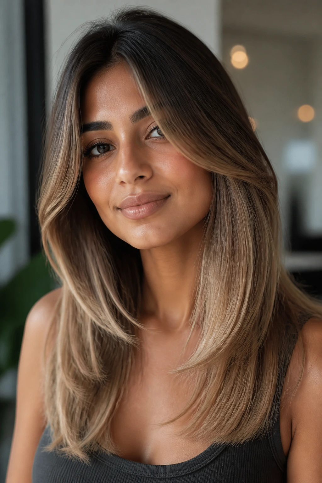 Close-up of a real woman with soft ombré front frame around the face.