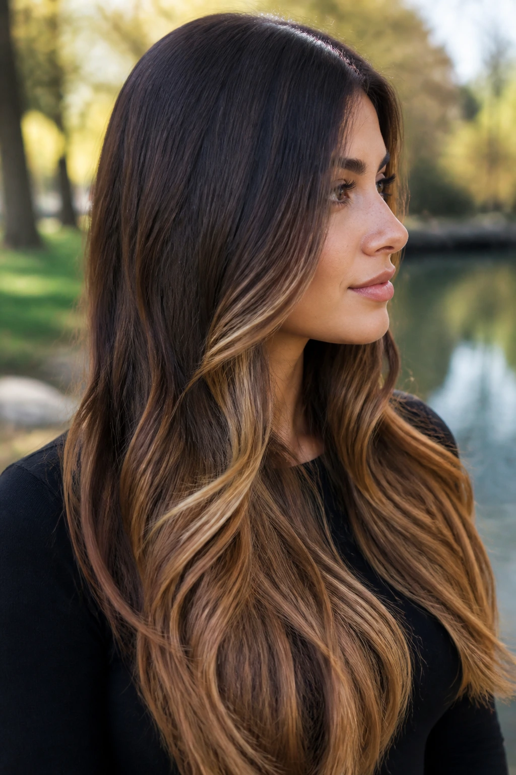 Close-up portrait of a real woman with soft ombré long brunette hair.