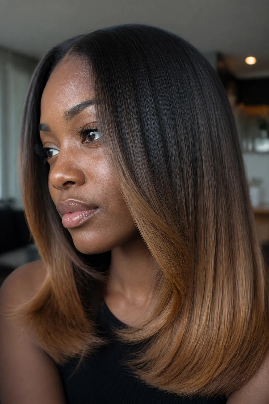Close-up of a real woman with silk-pressed hair and soft ombré transitioning to caramel ends
