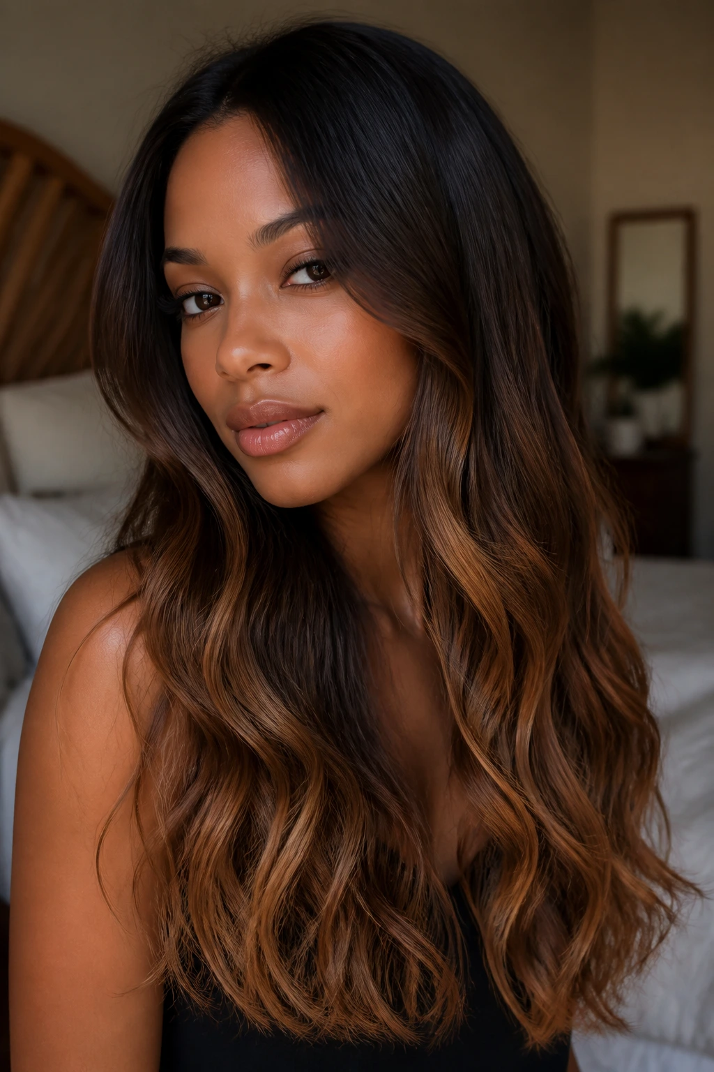 Close-up of a real woman with dark roots and toffee-toned ends