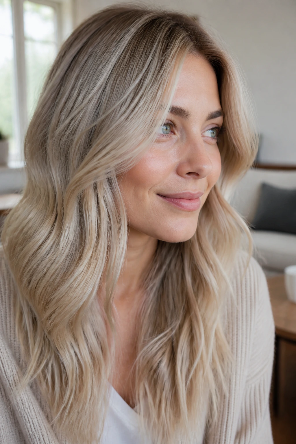 Portrait of a real woman with soft oyster blonde hair blending pearl beige and smoky tones.