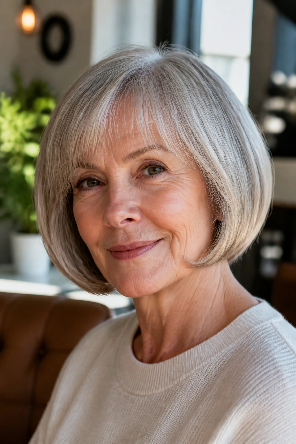 Older woman with a soft pageboy hairstyle and airy ends.