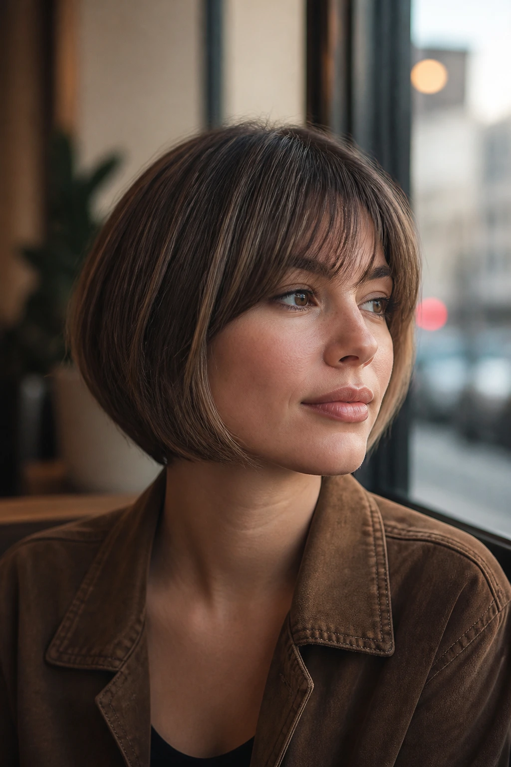 Close-up of a real woman with a soft pageboy hairstyle