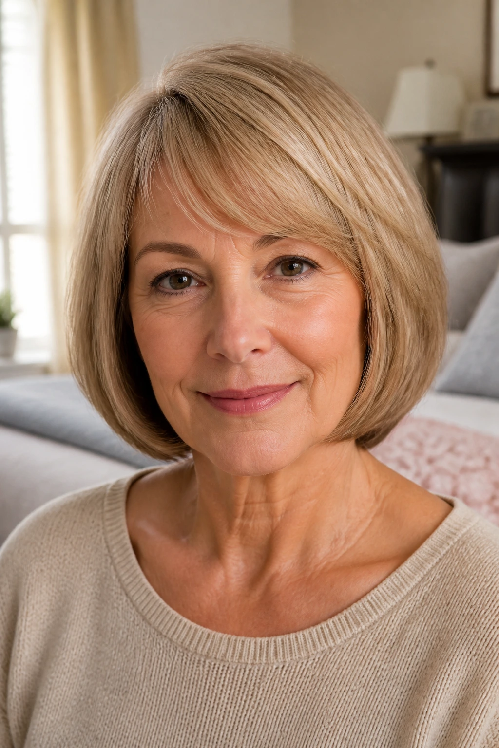 Portrait of a real woman with a soft pageboy haircut and side-swept fringe in warm light