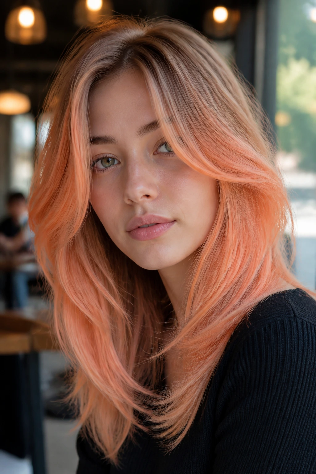 Close-up of soft papaya curtain layers framing the face