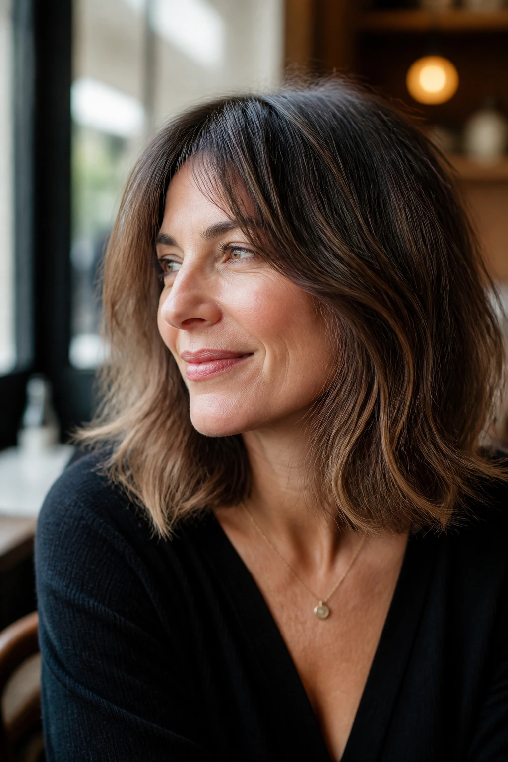 Close-up of a real woman with a soft Parisian lob at collarbone length in cafe window light