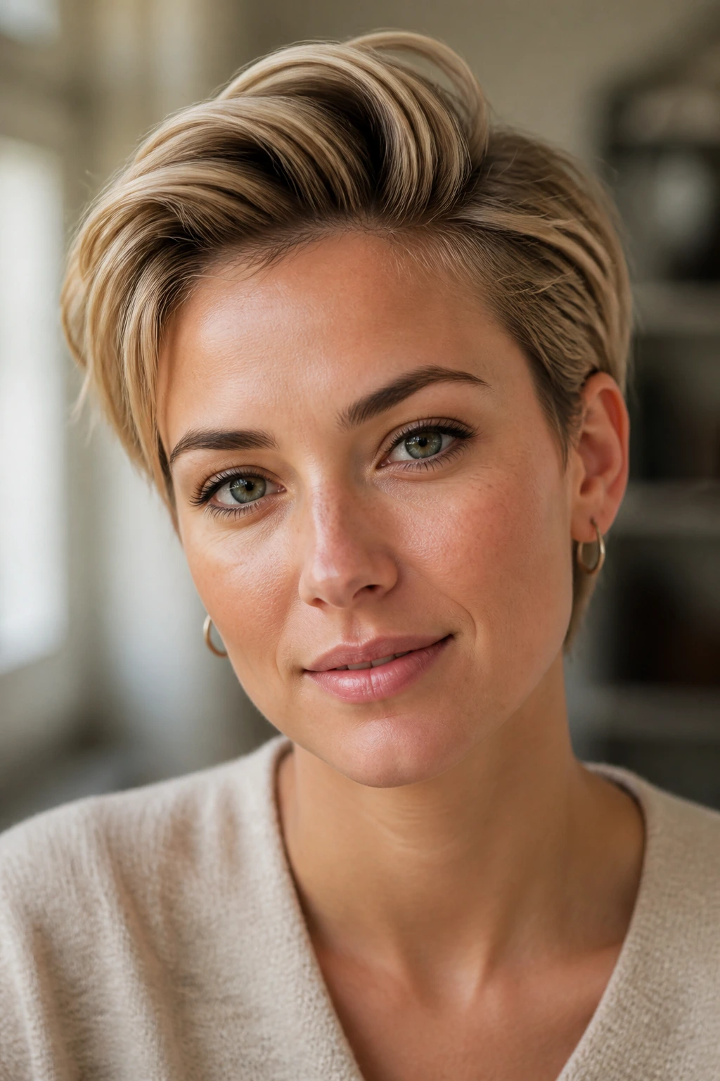 Close-up portrait of a real woman with soft-part quiff