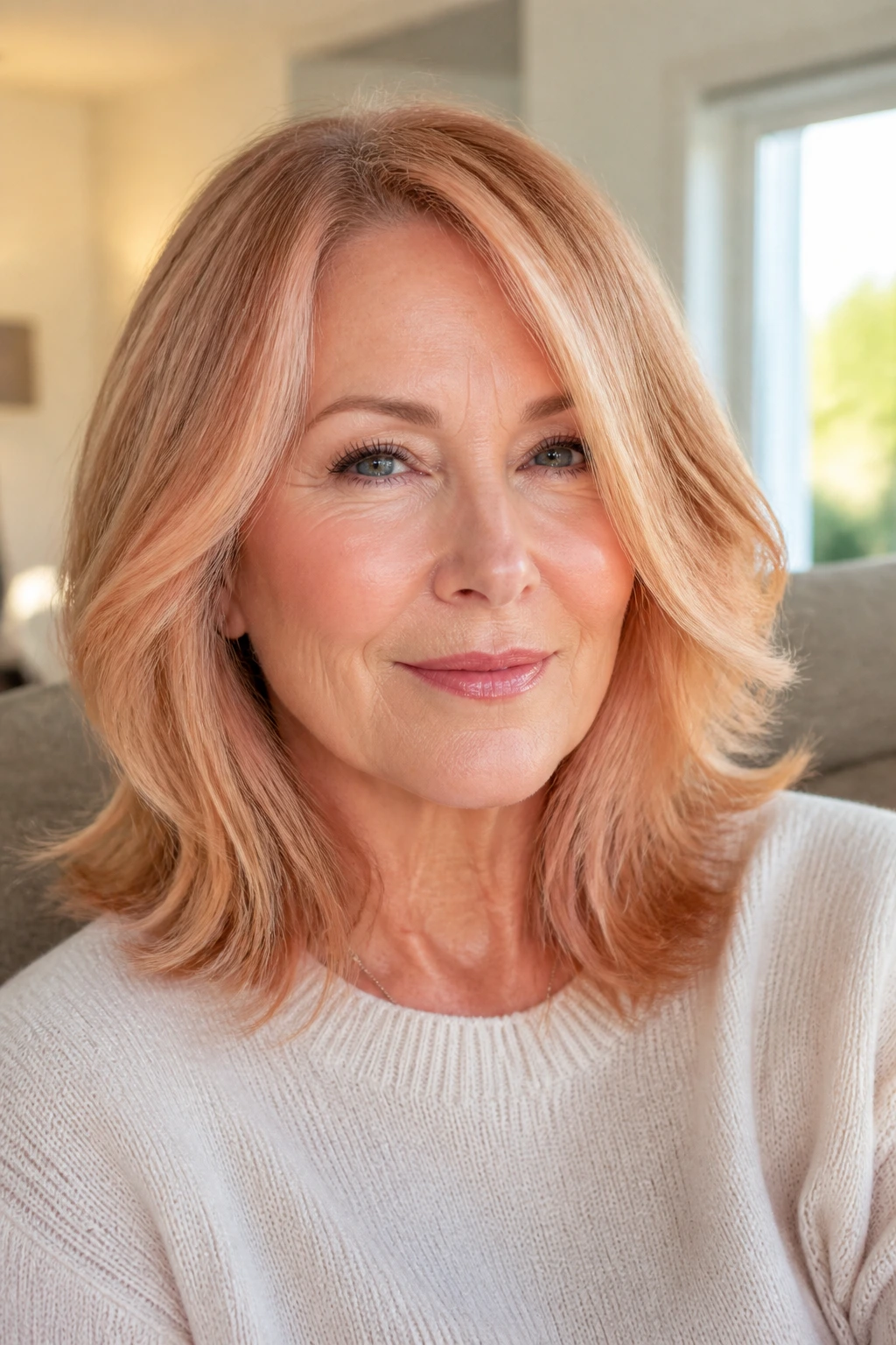 Close-up portrait of a woman with soft peach strawberry blonde hair
