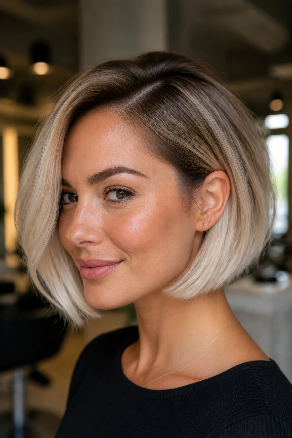 Soft pearl bob close-up portrait with pearl platinum tinges on warm skin