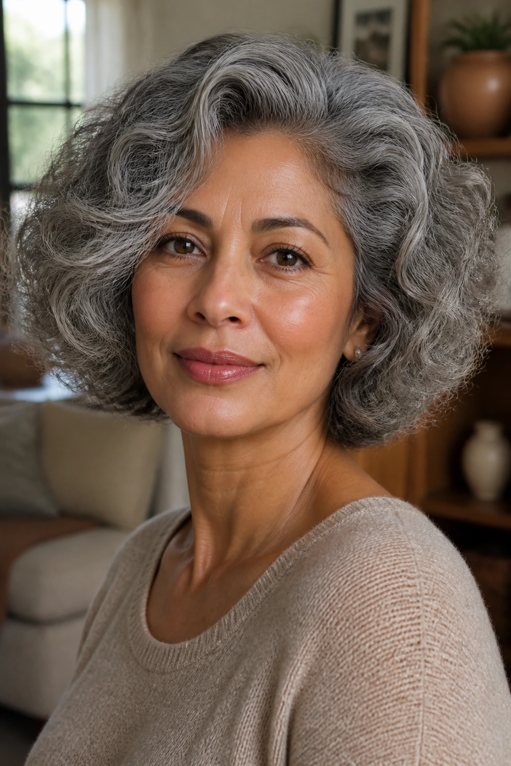 Close-up of a real woman with a soft perm bob showing rounded shape, gray hair in a cozy living room