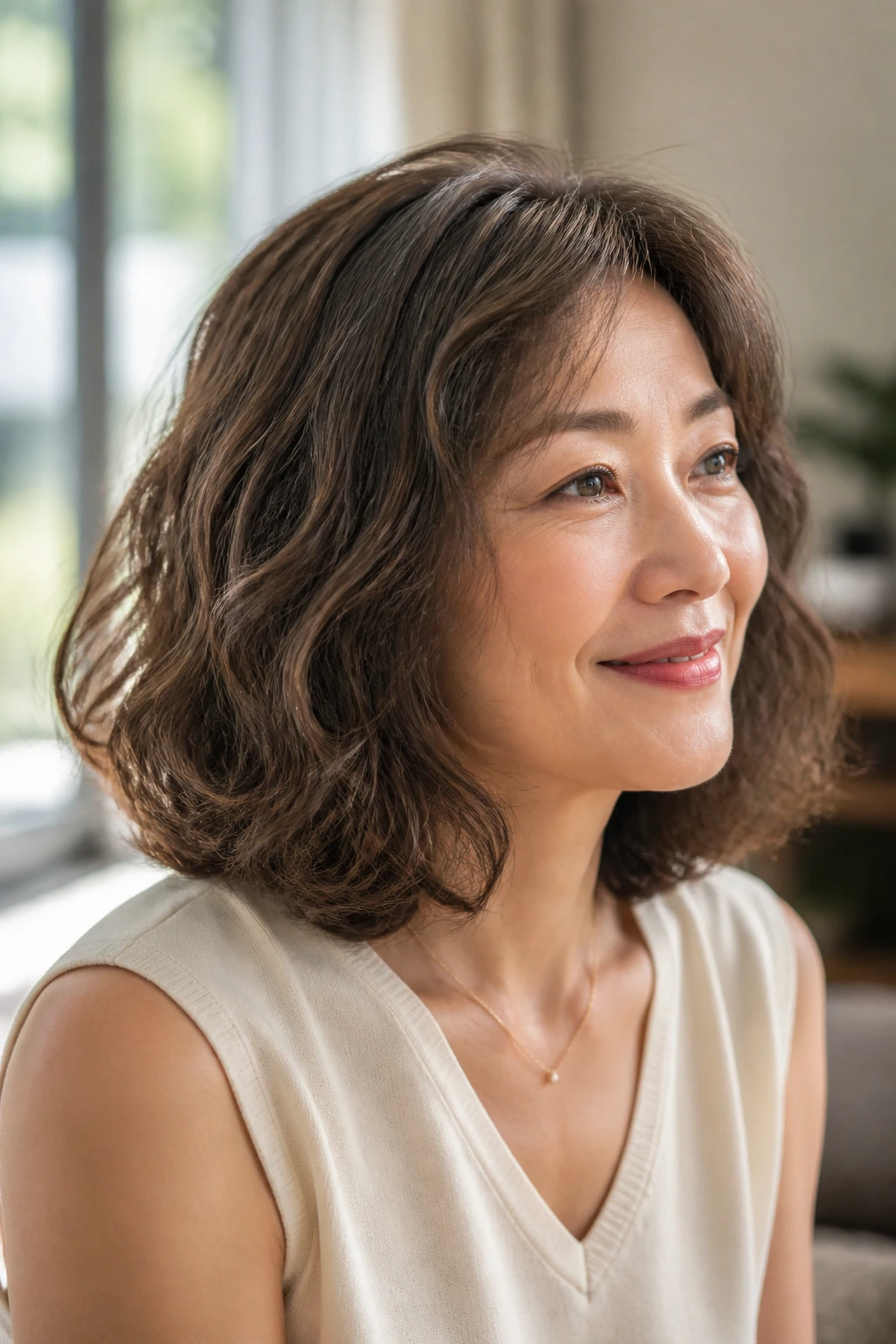 Close-up of a real woman with a soft perm lob and gentle bounce at the ends