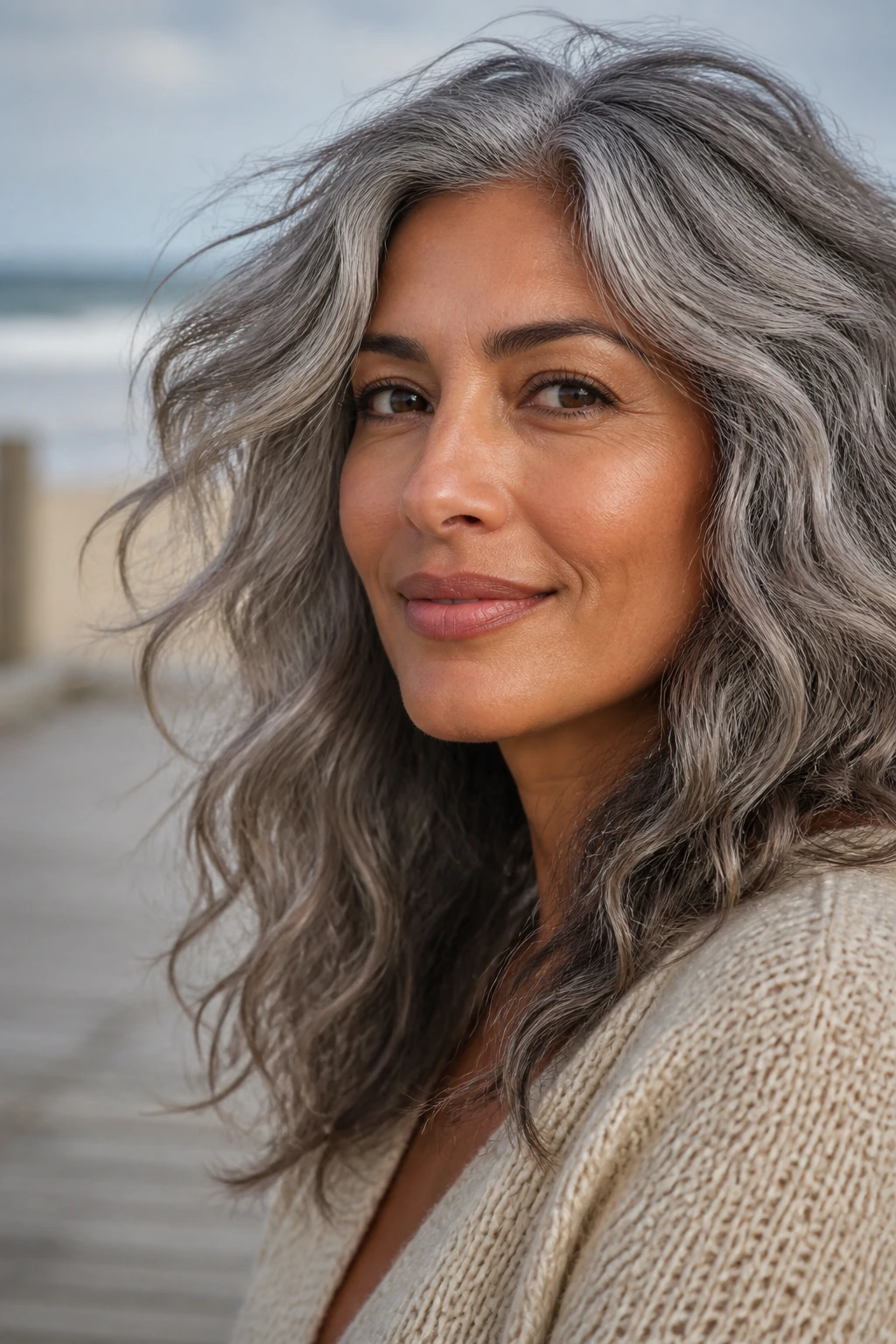 Close-up of a person with soft pewter hair in loose waves