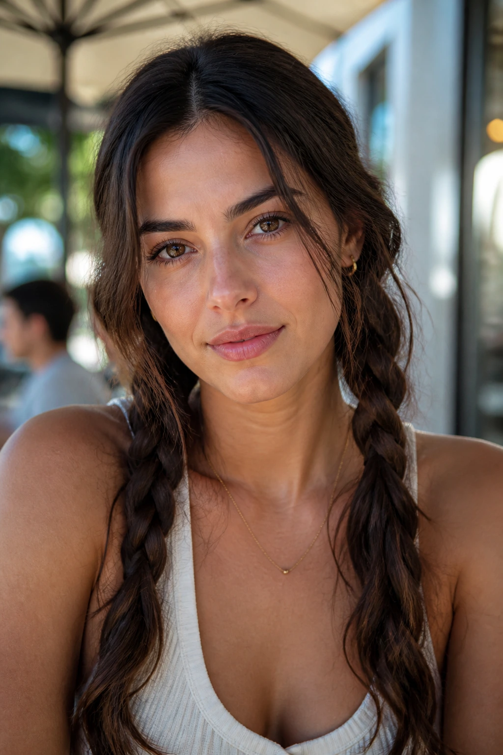 Brunette woman with loose two pigtail braids and waves