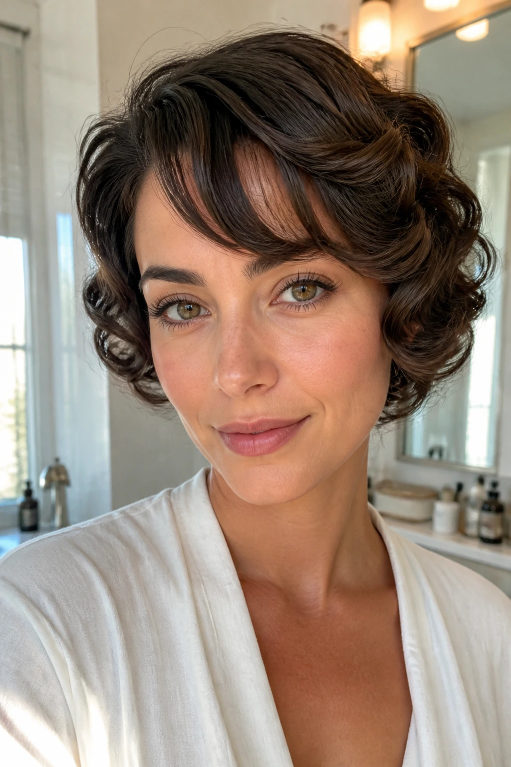 Close-up of real woman with short hair soft pin curls