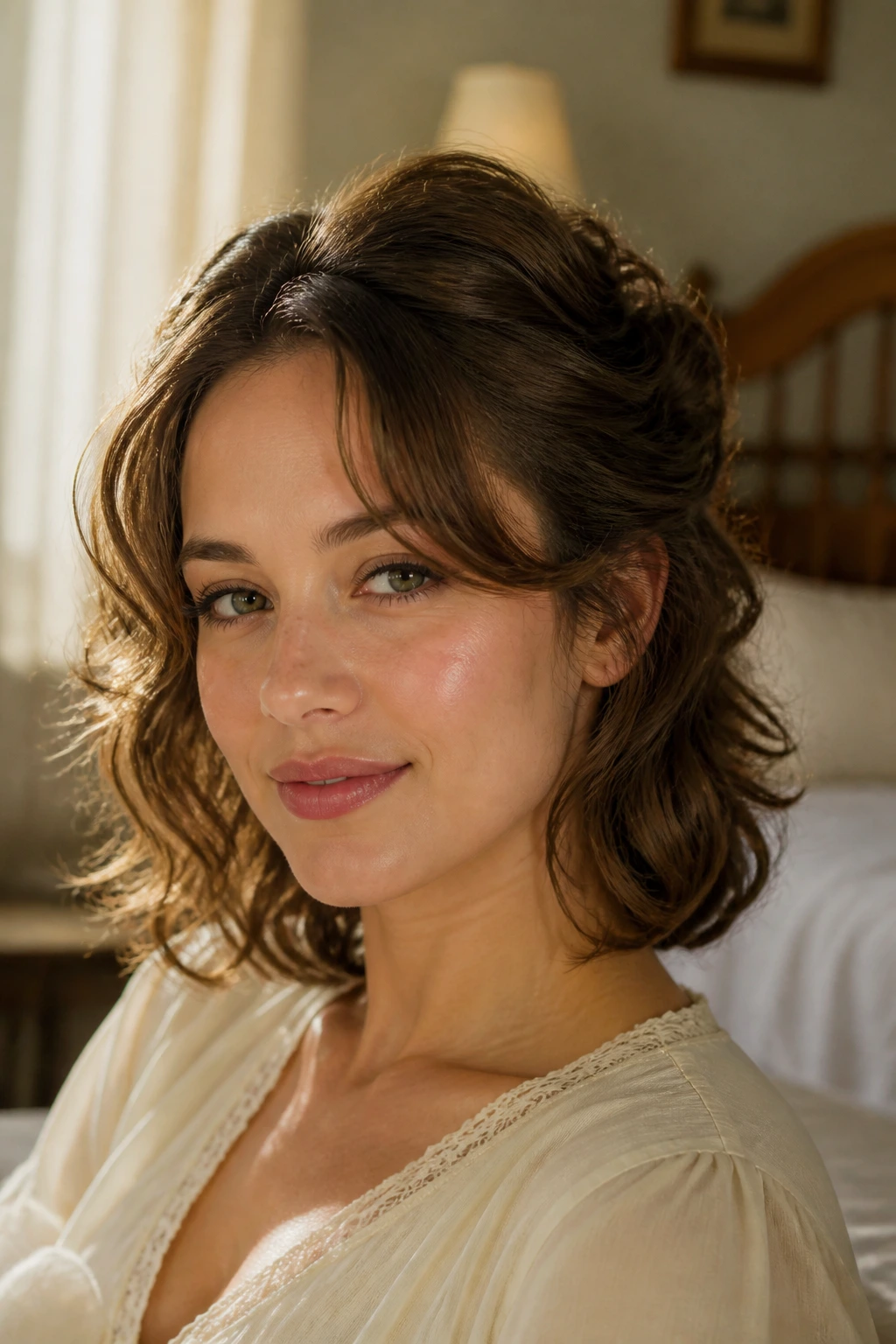 Close-up of a real woman with 2C waves styled in a soft pin-up with gently flipped ends and curtain bangs.