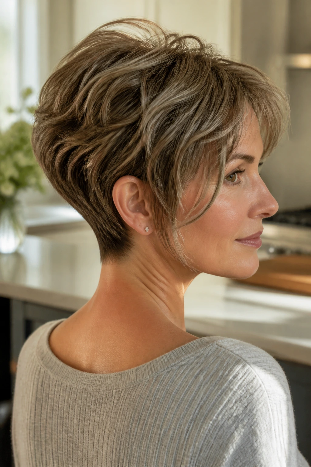 Real woman with soft pixie bob and tapered nape in bright kitchen