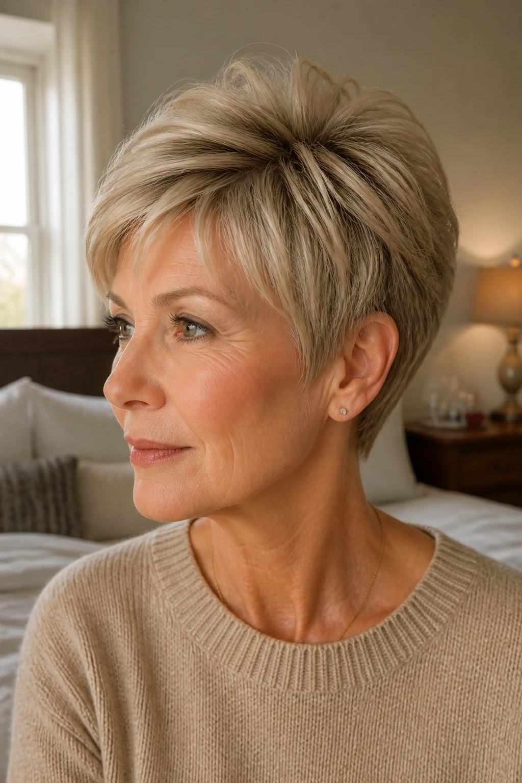 Close-up portrait of a real woman with a soft layered pixie and crown lift