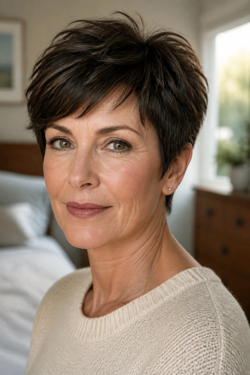 Close-up of a real woman with a soft pixie cut showing crown lift and fringe softness