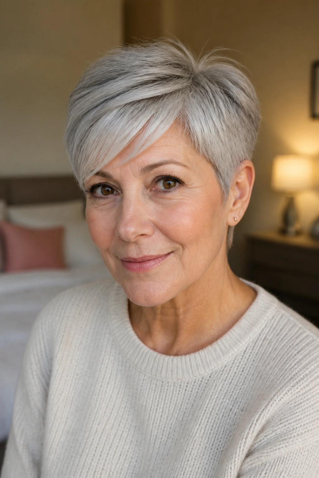 Portrait of a real woman with a soft pixie and side-swept fringe in natural light