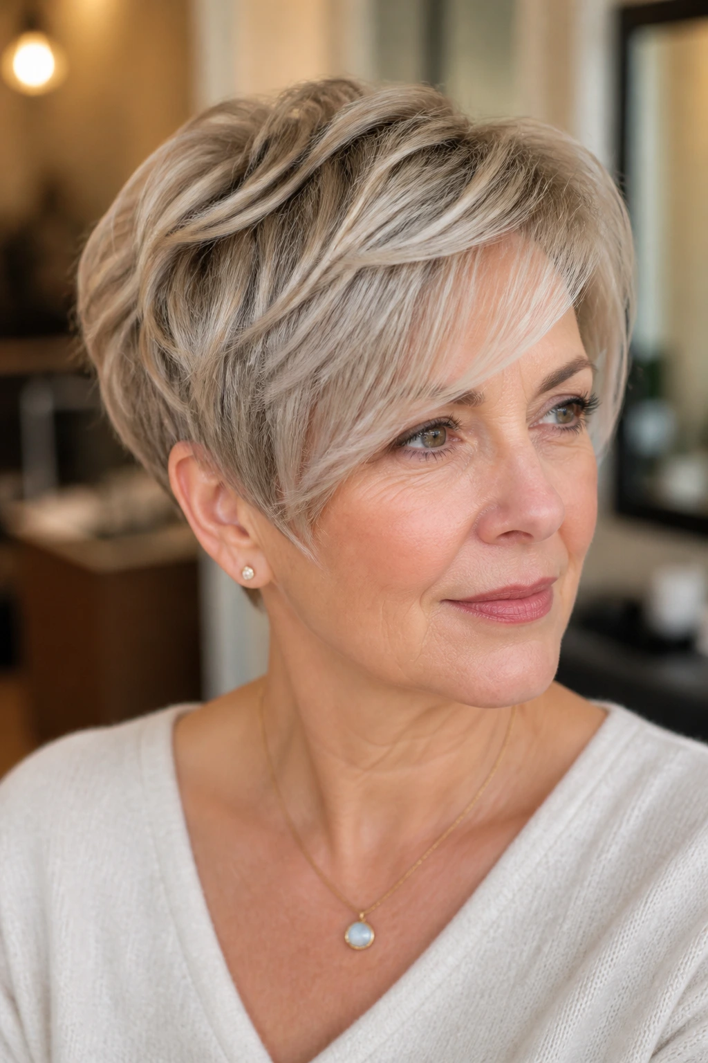 Close-up of a real woman with a soft pixie and side-swept fringe.