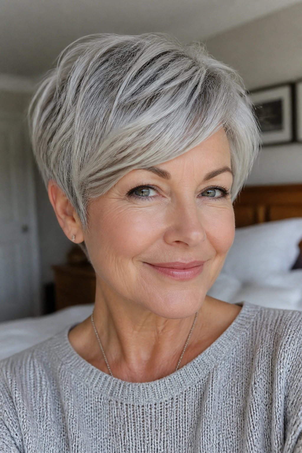 Real woman with soft pixie and side-swept fringe
