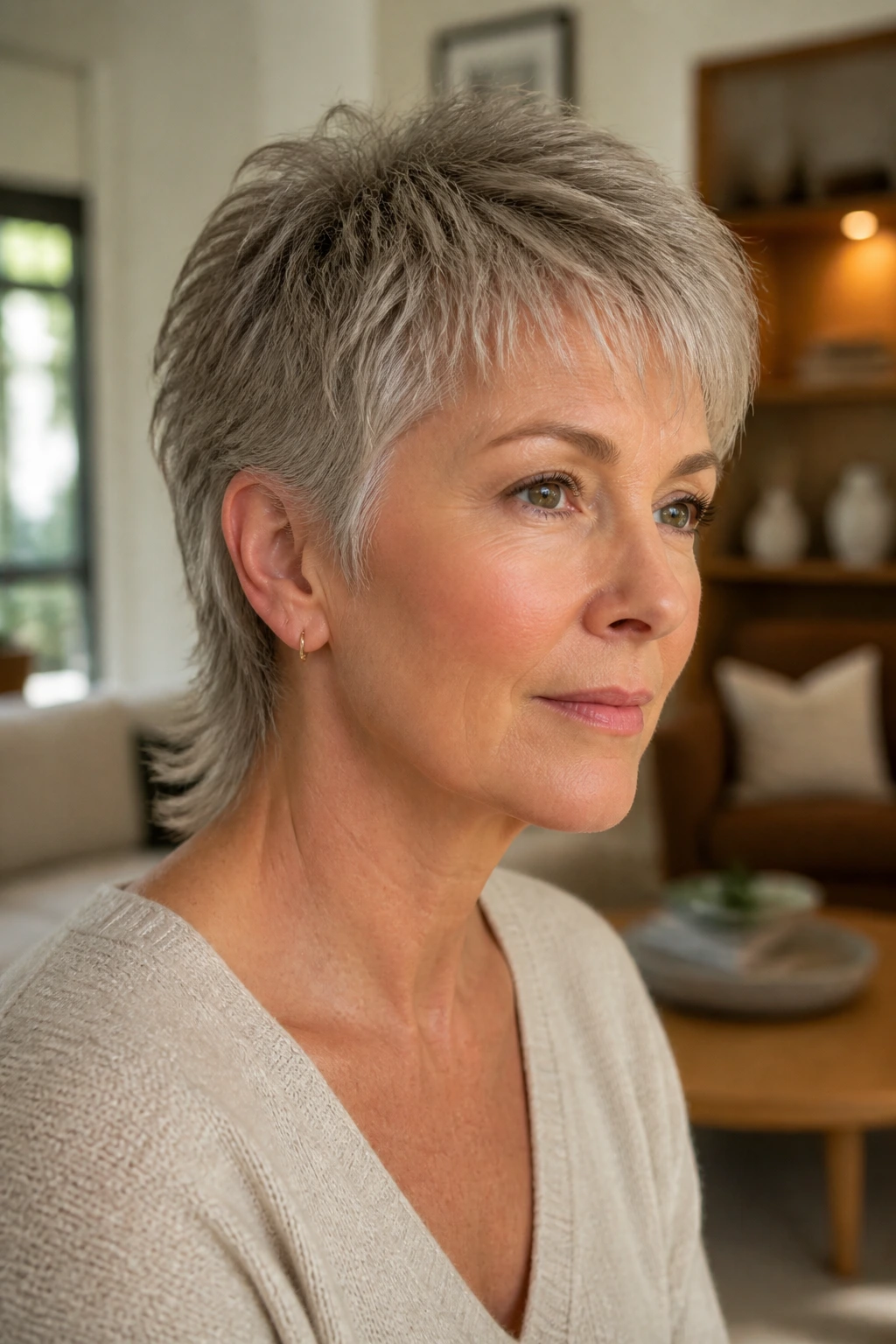 Close-up portrait of a woman with a soft pixie mullet.