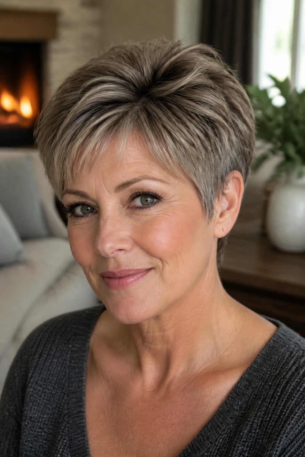 Close-up of a real woman showing a soft pixie shape for thick hair
