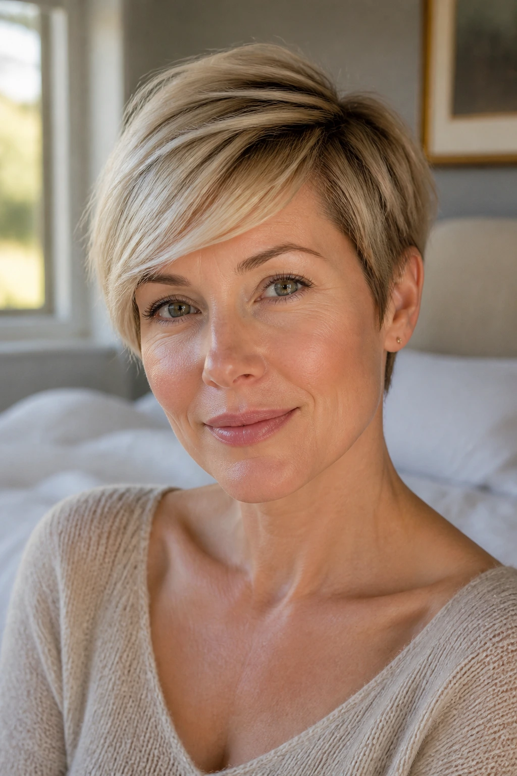 Close-up of a real woman with a soft pixie and side-swept fringe in warm window light.