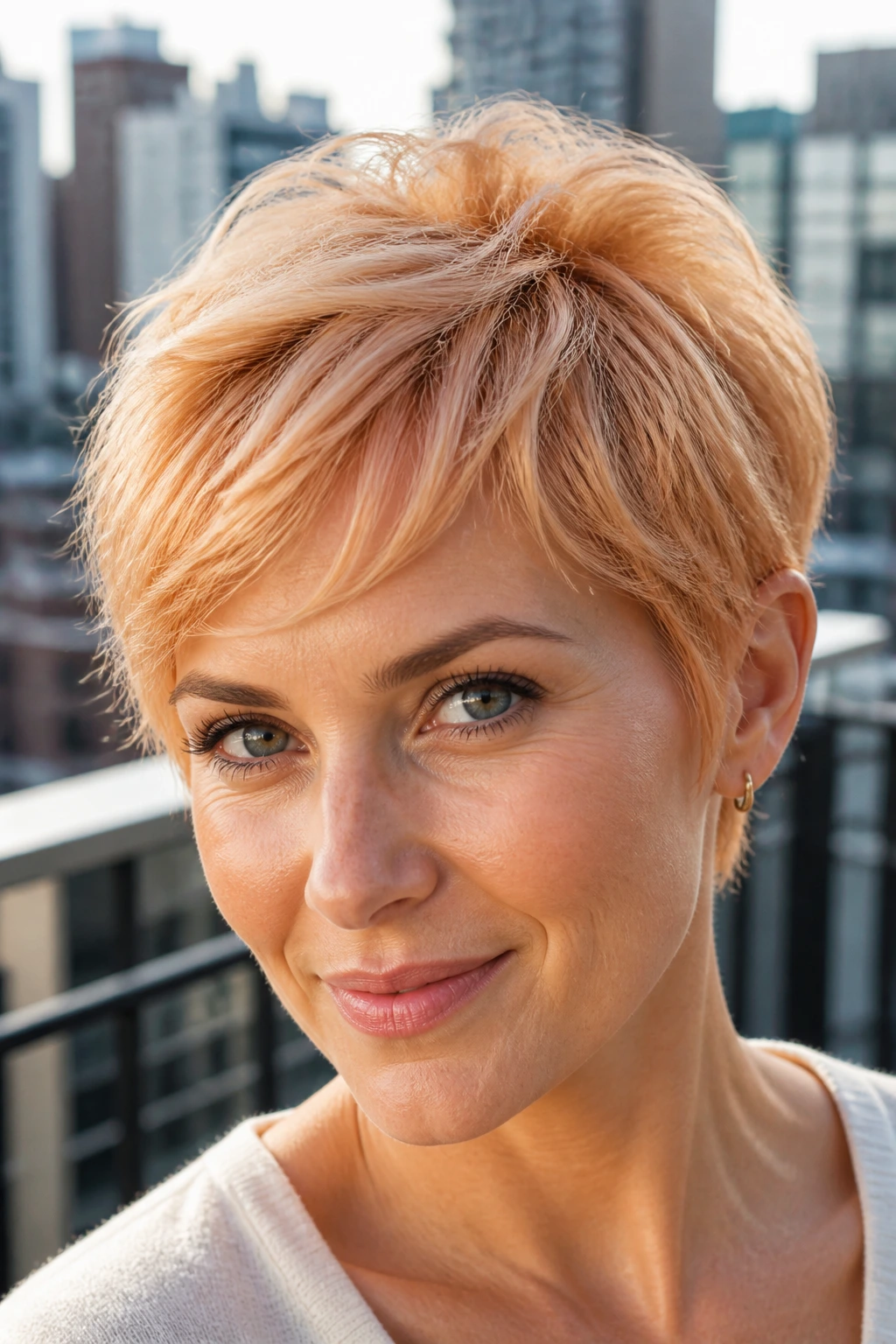 Close-up of a real woman with soft pixie strawberry blonde hair showing peach-gold highlights.