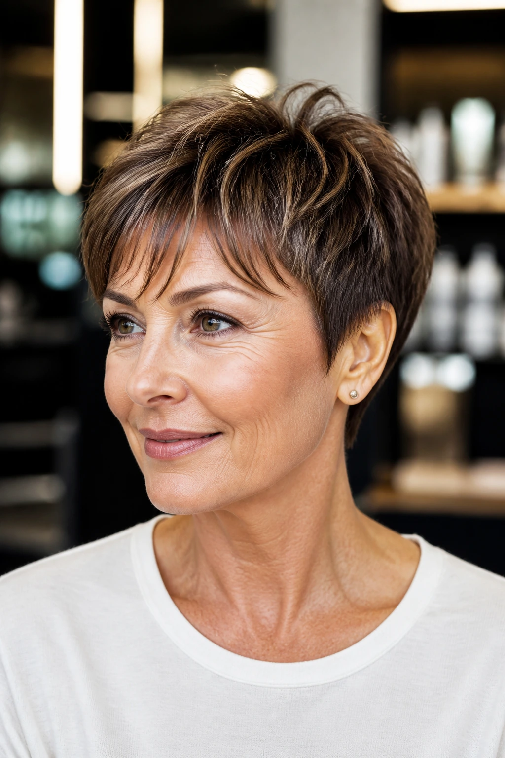Close-up of a real woman with a soft pixie cut in a sunlit salon
