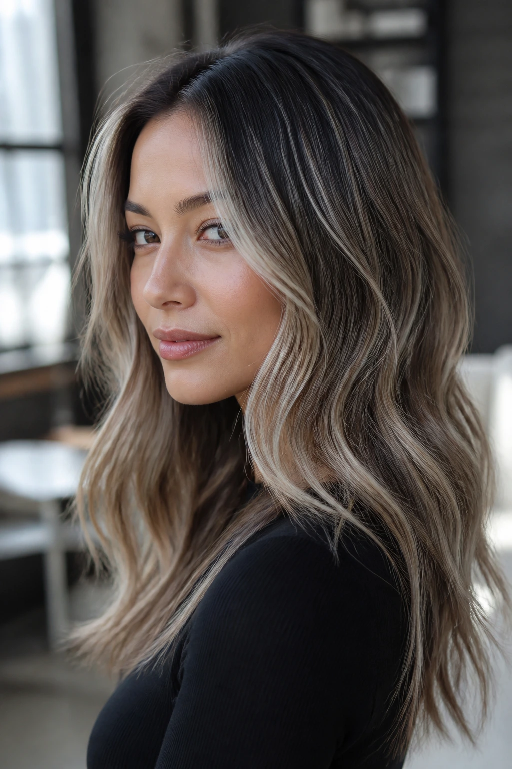 Close-up brunette with soft platinum babylights near the face, veil-like brightness.