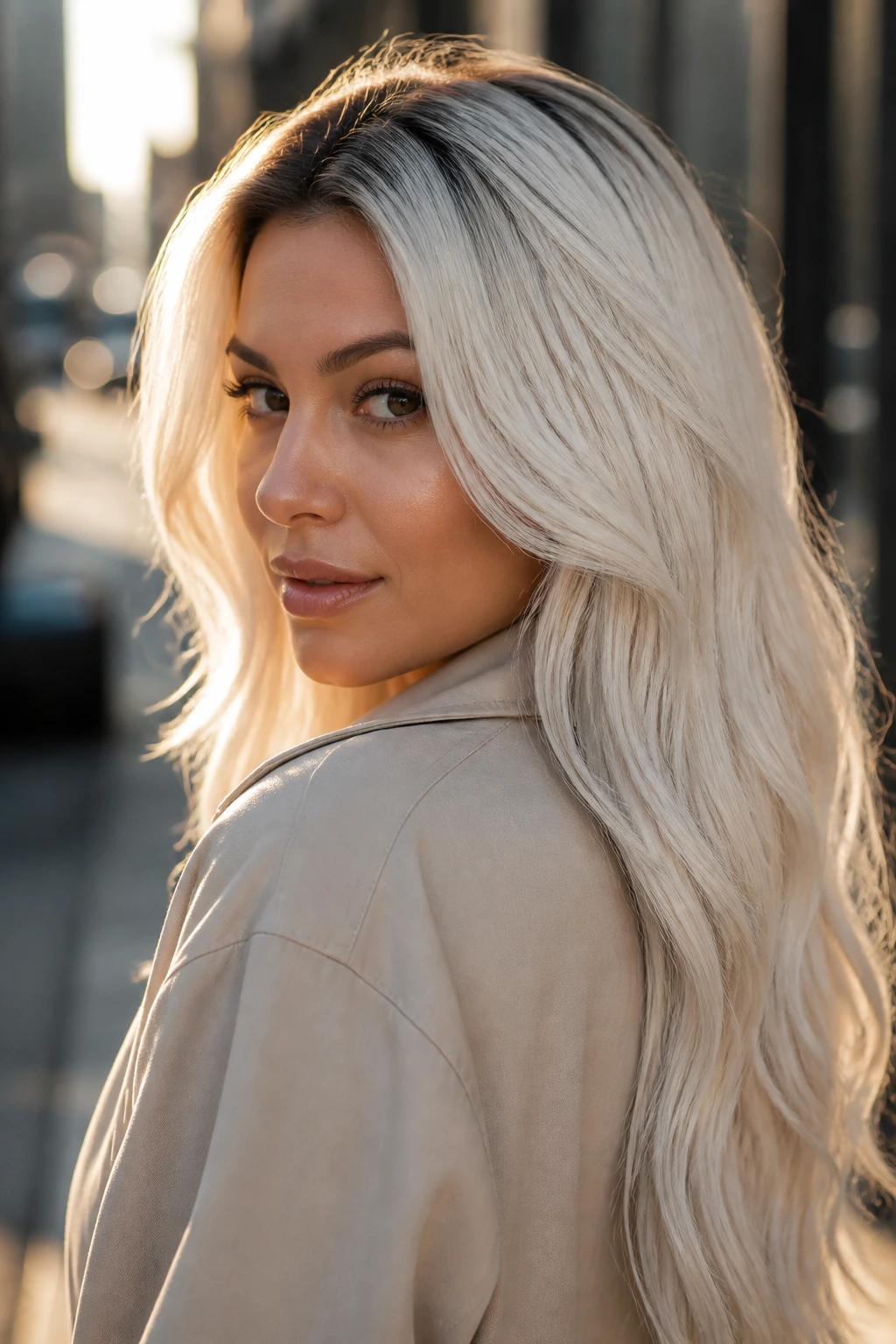 Close-up of a real woman with soft platinum blonde hair and dark roots