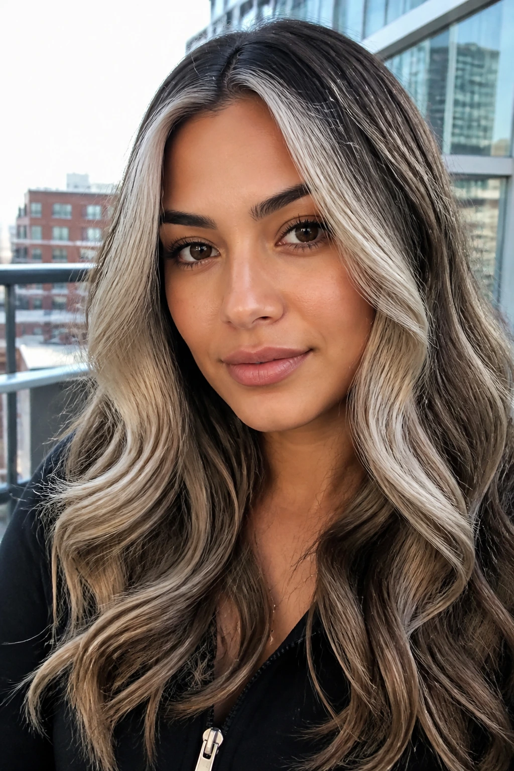 Close-up portrait of a real woman with soft platinum face-framing hair