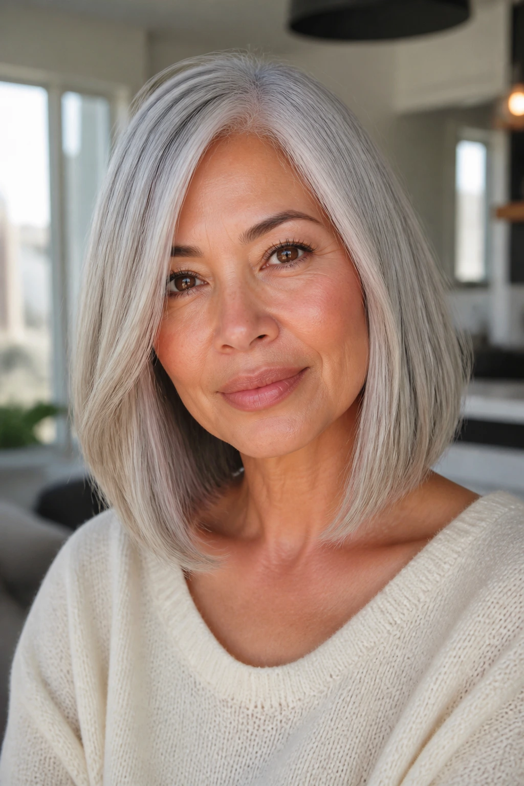 Portrait of woman with soft platinum smoky hair and blunt lob
