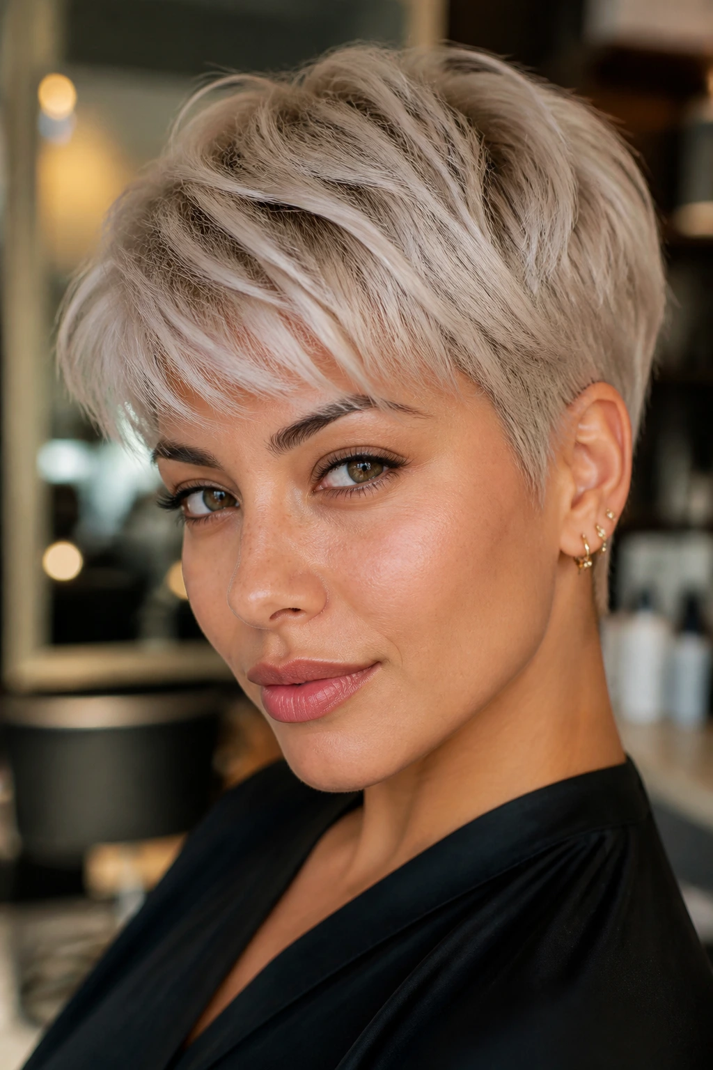 Close-up of a real person with soft platinum pixie haircut