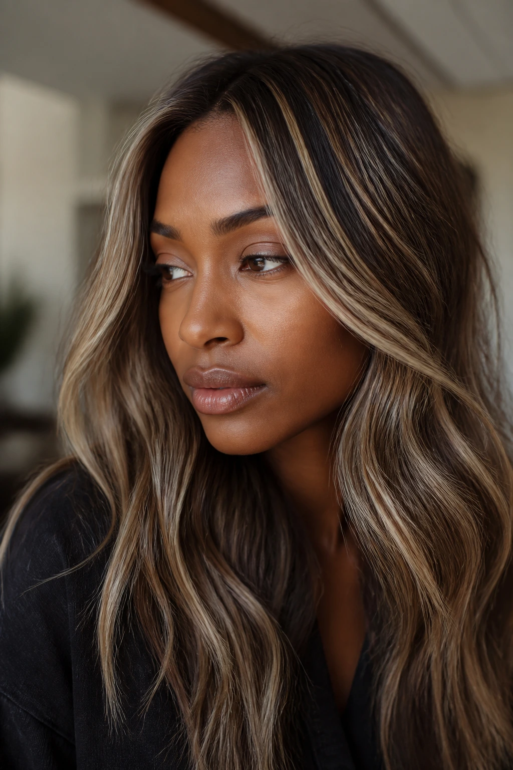 Close-up of a real woman with Soft Platinum Ribboning over warm brown base hair