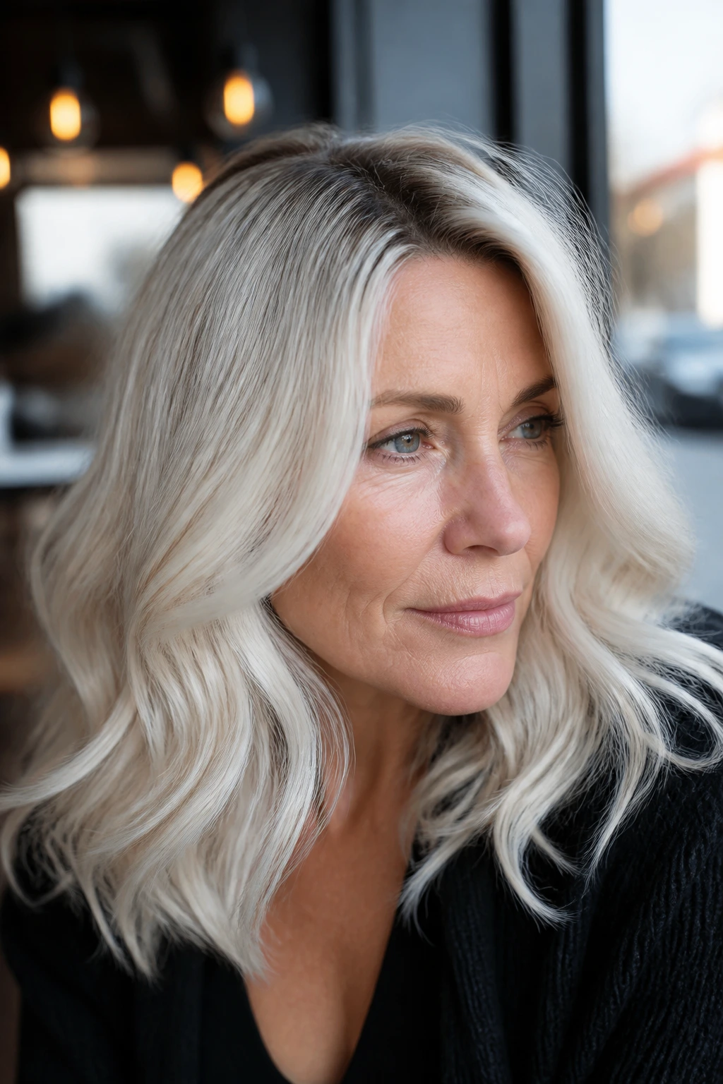 Portrait of a woman with soft platinum blonde hair and a shadow root in natural light