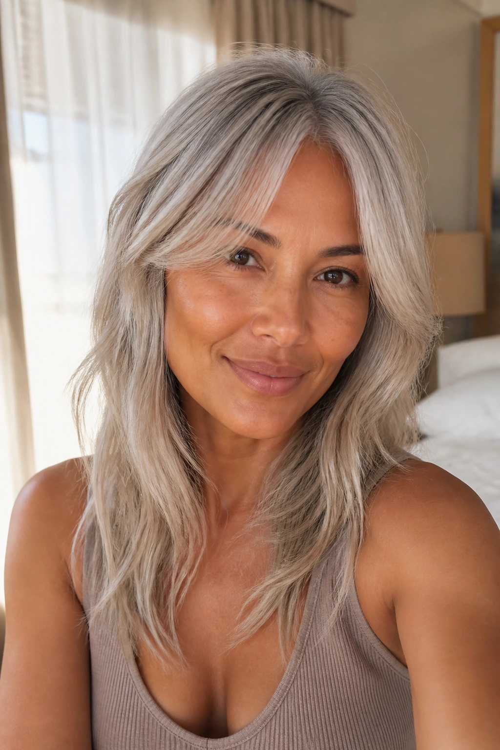 Real woman with soft platinum smoke hair and airy curtain bangs in a bright bedroom.