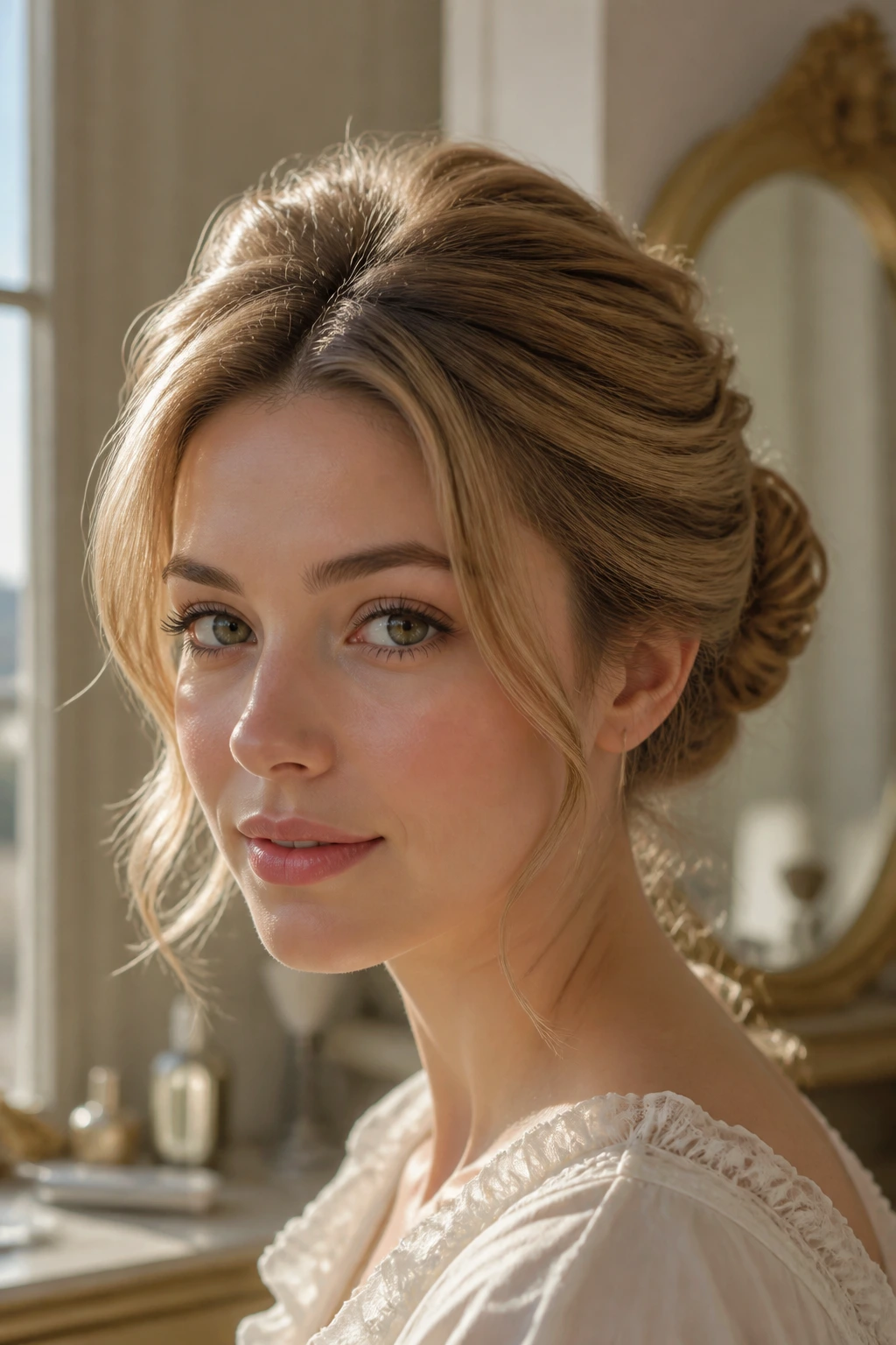 Close-up of a real woman with a soft pompadour bun and center part.