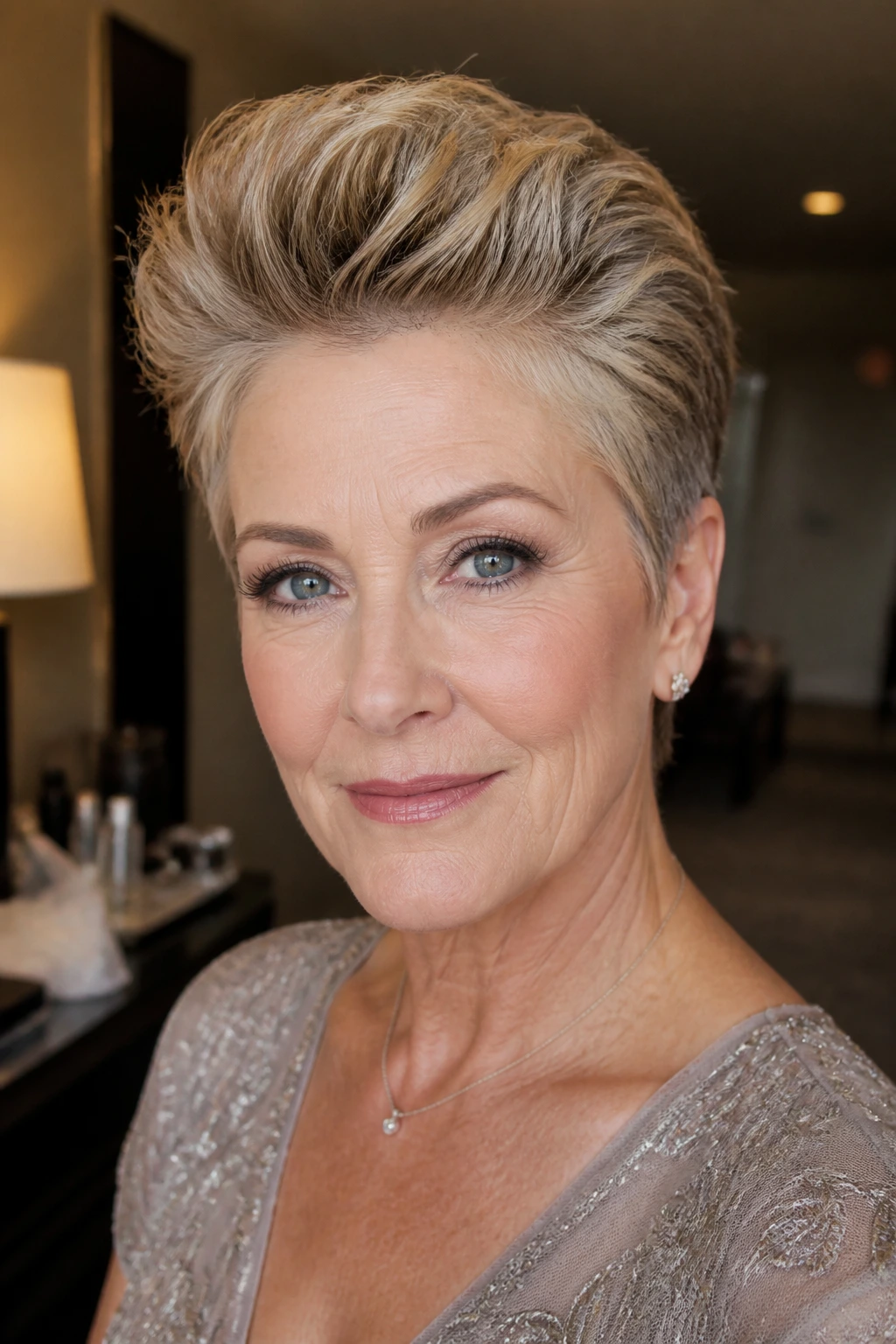 Close-up of a real woman with a soft pompadour on a pixie cut, showcasing lift and polish