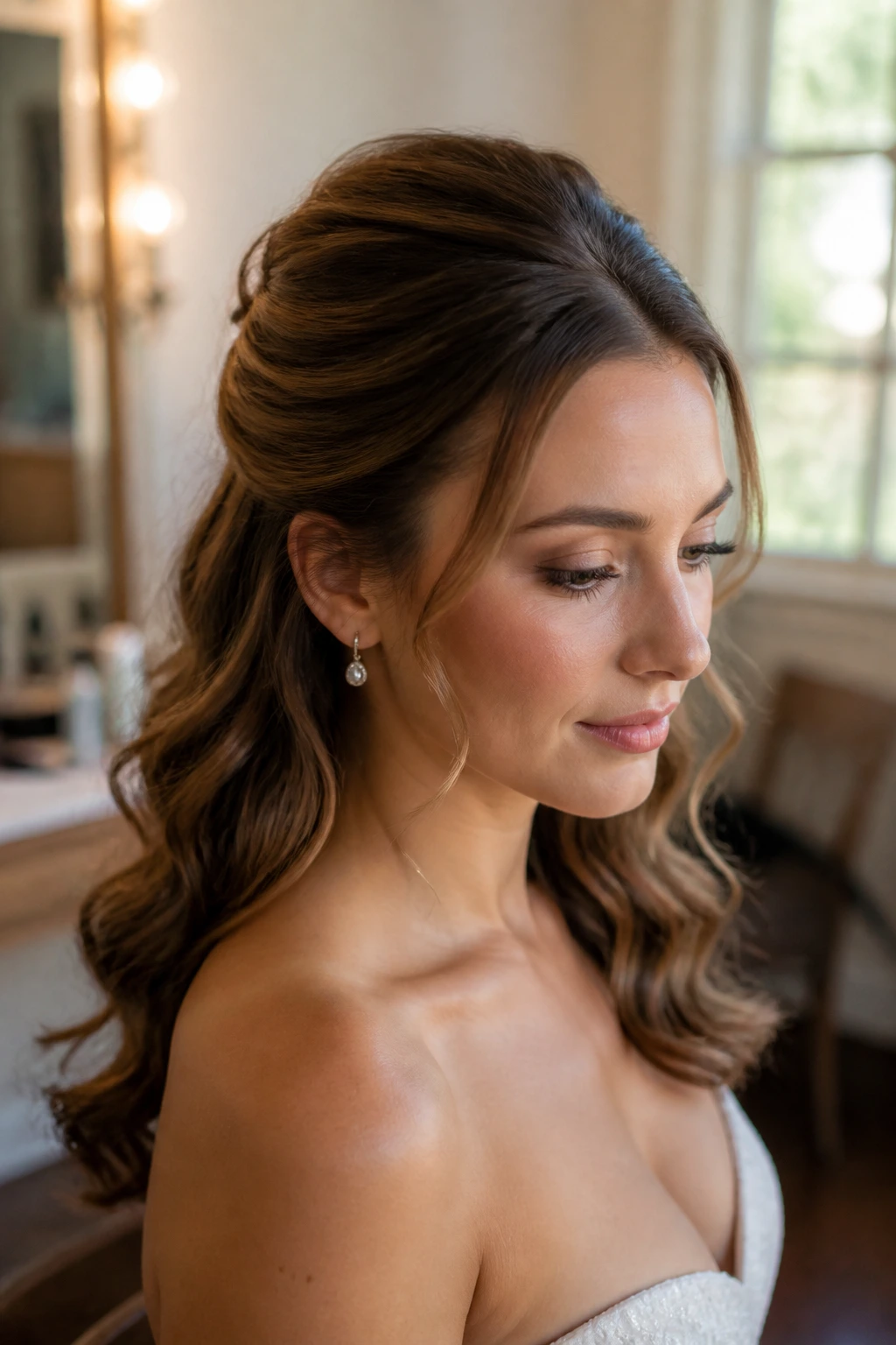 Portrait of a woman with a soft puff half-up hairstyle