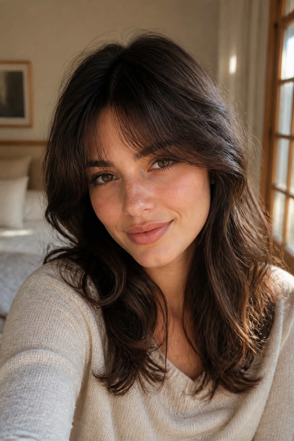 Close-up of a real woman with soft razor bangs and a center bend in warm window light