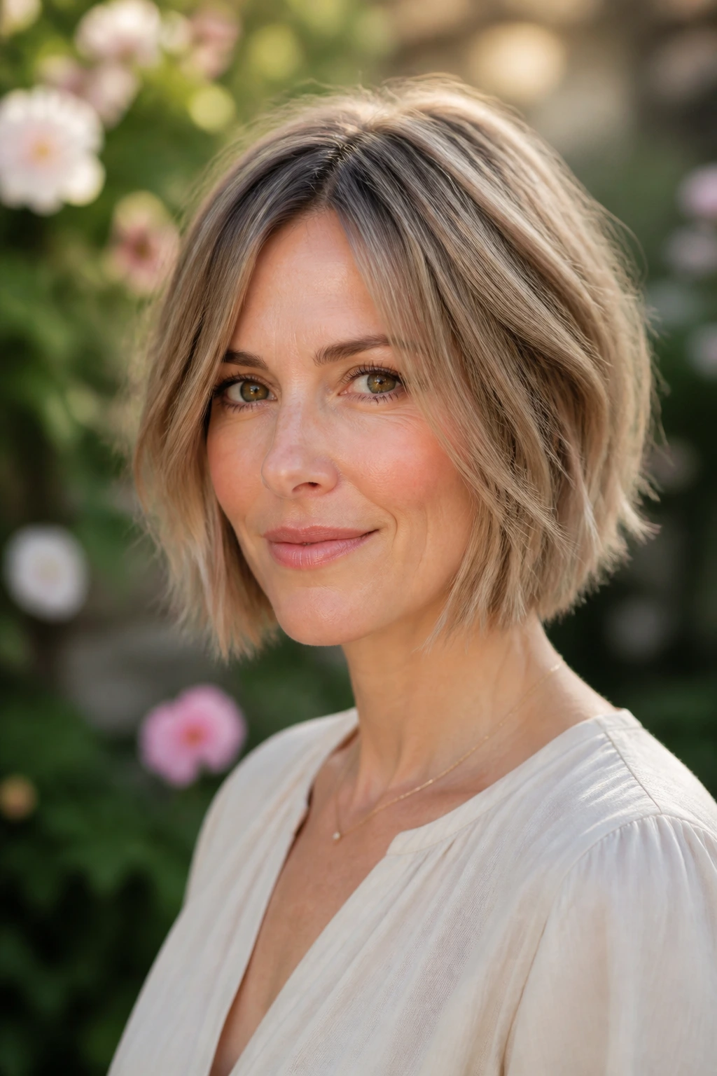 Portrait of a woman with a soft razor bob and light texture in natural light