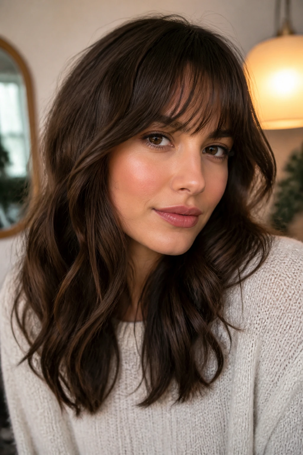 Brunette with soft razor-cut bangs and airy fringe