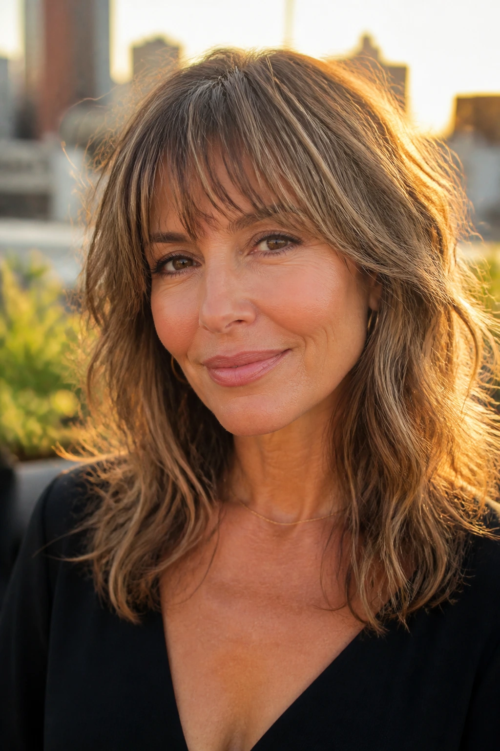 Close-up of real woman with soft razor-cut fringe in golden hour light