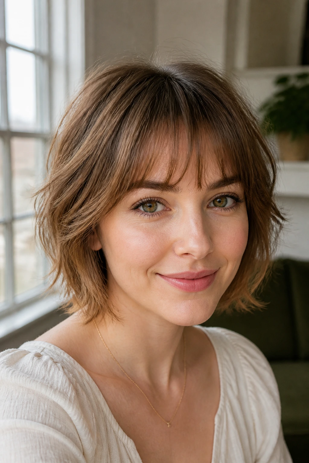 Real woman with soft razor fringe in a bright room.
