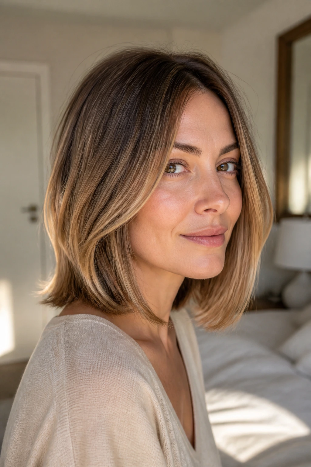 Close-up of a woman with a soft lob featuring a gentle razor-edge.